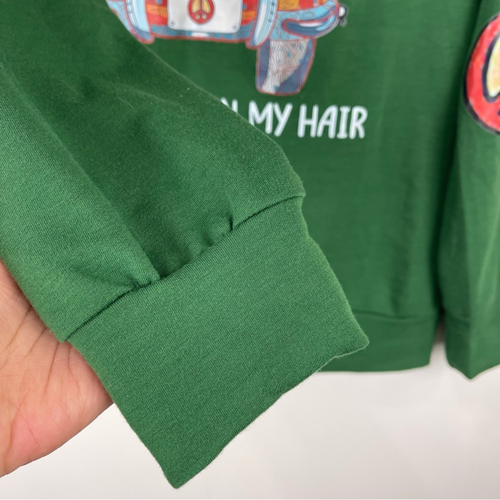 Boho Green Graphic Sweatshirt Cat Lover Van Peace Sign Retro Pullover Medium - Picture 5 of 7